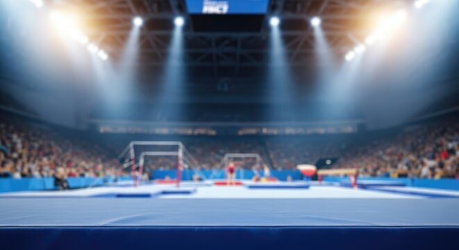 A gymnastics competition with a blue mat and a crowd in the background.