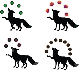 Set of four cartoon wolf silhouettes juggling colorful spheres, whimsical fantasy illustration, symbolic surreal animal artwork, playful creative design variations