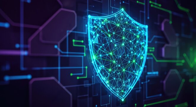 A glowing blue and green shield with a network of connections against a dark, digital background. - Powered by Adobe