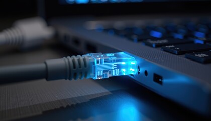 Close-up of an illuminated network cable connected to a laptop port.