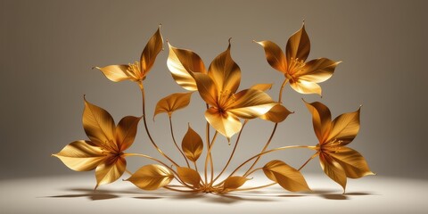 Obraz premium Decorative metal artwork featuring golden leaves on a neutral background.