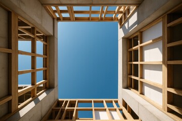 Open Sky Frame: An upward view through the architectural framework of a building, revealing a bright blue sky, embodies the idea of growth and limitless possibilities.