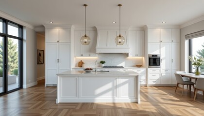 Fototapeta premium Modern kitchen design with bright lighting and minimalist decor.
