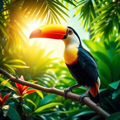 Fototapeta premium A toucan perched on a branch amidst lush green foliage and a bright sun, animal, vibrant