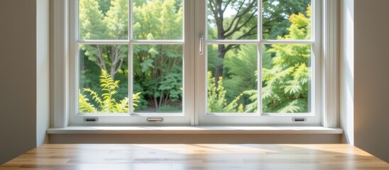 Obraz premium Bright window view showcasing lush greenery outside a modern interior.