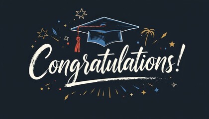 Congratulations message with a graduation cap and decorative elements.
