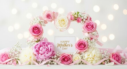 A floral arrangement with pink and white roses, peonies, and baby's breath, set against a bokeh background with soft, glowing lights.