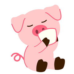 Fototapeta premium Cute pink pig drinking from a small cup, illustrated in a cozy cartoon style, perfect for breakfast themes, kids’ projects, nurturing concepts, and sweet characters.