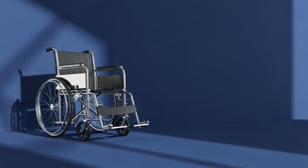 A modern wheelchair positioned in a minimalist blue room. The wheelchair features a sleek design with black upholstery and chrome accents.