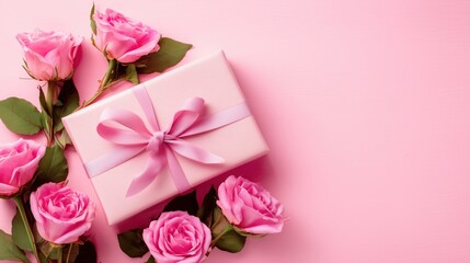 Pink gift box with ribbon and fresh roses on pink background, flat lay, Romantic Valentine's Day present concept, Mother's Day gift, birthday surprise package with beautiful rose border