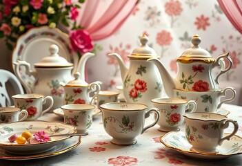 Fototapeta premium Whimsical tea party scene with mismatched crockery and oversized teacups, scene, close-up