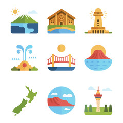 Obraz premium Cultural heritage icon collection, masks drums carvings boats houses, traditional festival celebration elements, vibrant flat vector design