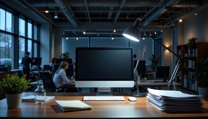Modern office workspace with computer, plants, and people collaborating in the background.