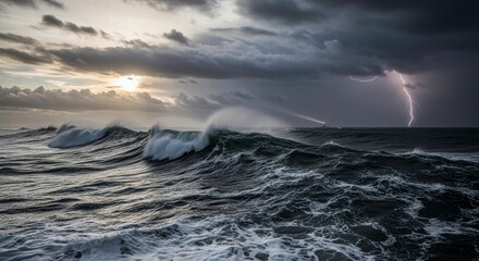 Stormy Sea's Embrace: Witness the raw power of nature as tumultuous waves crash under a dramatic sky, illuminated by a striking bolt of lightning.