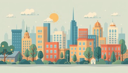 Naklejka premium Colorful cityscape illustration with buildings, trees, and a sunny sky.