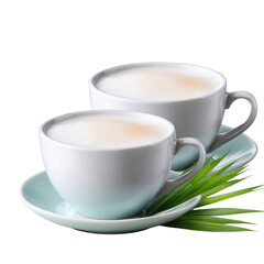 Fototapeta premium Two Elegant Cups of Coffee with Foam on a Saucer Surrounded by Fresh Green Leaves for Cozy Atmosphere