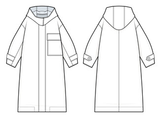 Hooded Long Coat Technical Fashion Illustration. Unisex Overcoat Vector Template. Front and Back View. Hidden Snap Button Closure. Minimalist Outerwear. Blank CAD Mockup.