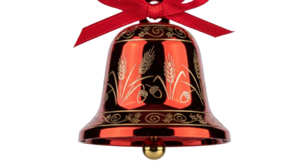 Close-up of a shiny red Christmas bell with gold designs and a red ribbon bow on a white background.