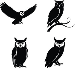 Owl silhouette vector collection, flying, perched, standing owl designs, black bird icon, wildlife animal illustration, spooky night predator theme.