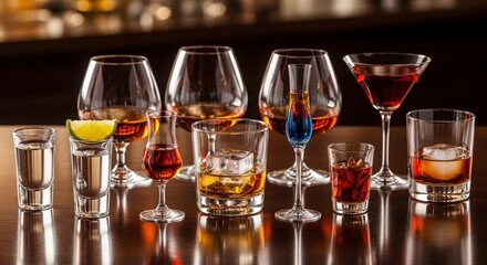 Variety of Cocktail Glasses: A captivating arrangement of assorted glasses, each exquisitely showcasing a unique cocktail, creating an invitation to a world of mixology and refreshment.