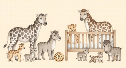 Naklejka premium Cute Safari Animals Nursery: A charming illustration depicts a variety of adorable safari animal babies, exuding a sense of playful innocence and joy.