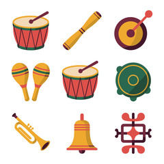 Percussion and rhythm icon collection featuring drums gongs bells trumpets, musical event celebration graphics, clean flat vector illustration