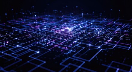 A complex, abstract digital network with glowing nodes and lines.