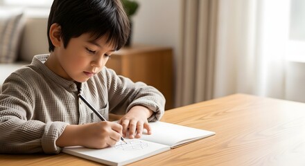 A focused boy is drawing geometric patterns in his sketchbook, illustrating a concentration and creativity concept