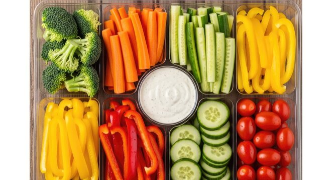 A colorful vegetable tray with broccoli, carrots, cucumbers, and tomatoes arranged in compartments.