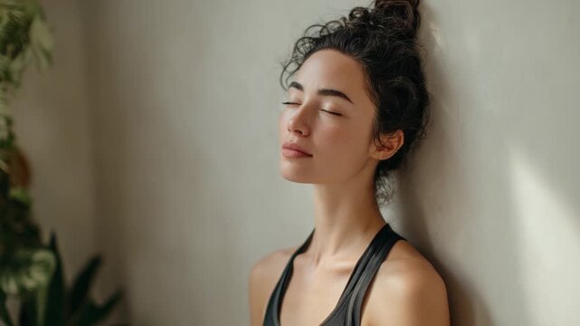 Serene Moment of Self-Reflection: A woman, eyes gently closed, embodies tranquility as she leans against a textured wall, immersed in a moment of peaceful contemplation.
