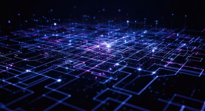 A complex, abstract digital network with glowing nodes and lines.