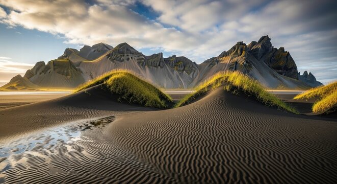 Ethereal Mountain Vista: The dramatic landscape reveals rugged mountains meeting the sea, accentuated by black sands, rolling hills with verdant grass, and an expansive sky. An ethereal beauty. - Powered by Adobe