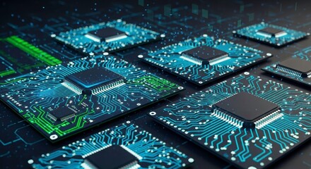 Circuit Board's Technological Web: A captivating close-up of computer chips showcasing intricate circuit designs in a vibrant display of technology and innovation. 