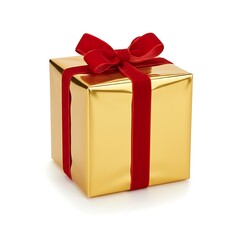 Obraz premium Luxury Gold Wrapped Christmas Gift Box with Red Velvet Ribbon and Bow