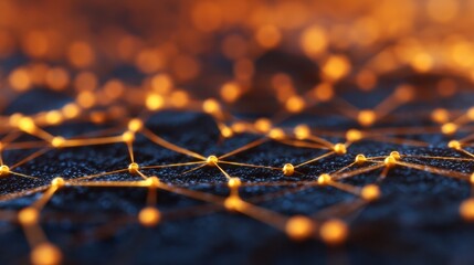 An abstract representation of interconnected nodes and lines, resembling a digital network illuminated by warm orange lights against a dark background.