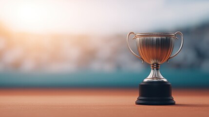 A shiny trophy stands on a surface, symbolizing achievement and success with a blurred background.