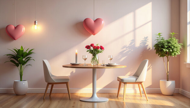 Minimalist Valentine Day dinner setup with round table, two chairs, heart decor, and plants in sunlit room