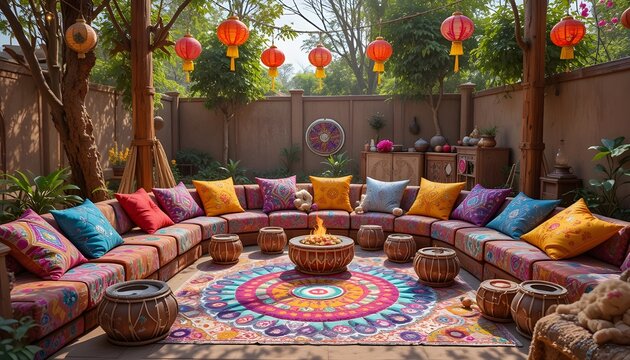 &ldquo;Outdoor dholki preparation scene with vibrant cushions, rangoli patterns, hanging lanterns, and painted dhols.&rdquo;
