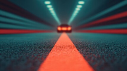 A stylized tunnel view with a glowing red line and a distant car, creating a sense of speed and motion in a futuristic setting.