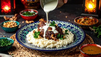 Mansaf with pouring yogurt sauce

