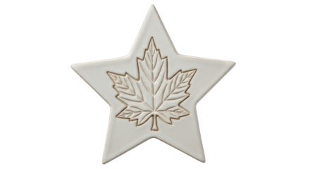 Close-up of a white star-shaped object with a gold maple leaf design on a plain white background.
