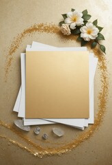 Golden Square Card on Glittery Background with Roses and Crystals