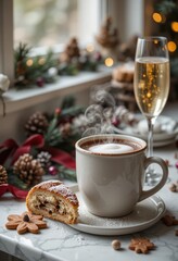 Cozy Christmas morning with hot chocolate, festive pastry, and bubbly champagne