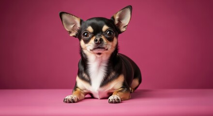 A small black and tan Chihuahua dog with big ears and a pink background.