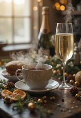 Cozy Christmas morning with steaming coffee, pastries, and champagne