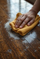 Close-up of a hand cleaning a dusty wooden surface with a yellow microfiber cloth