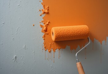 Orange paint roller applying color to a textured gray wall, demonstrating home improvement and renovation