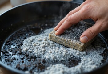 Close-up of a hand scrubbing a cast iron skillet with a sponge and powder cleaner