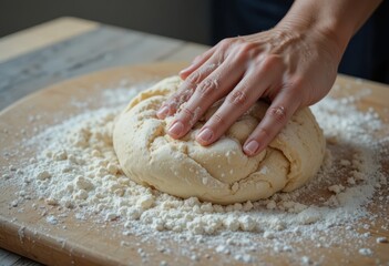A close-up view of skilled hands meticulously kneading fresh dough on a rustic wooden board, preparing homemade bread or pastries with a dusting of flour