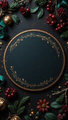 Elegant Christmas Holiday Frame Background with Golden Ornaments, Red Berries, and Evergreen Branches for Festive Greetings and Design Purposes